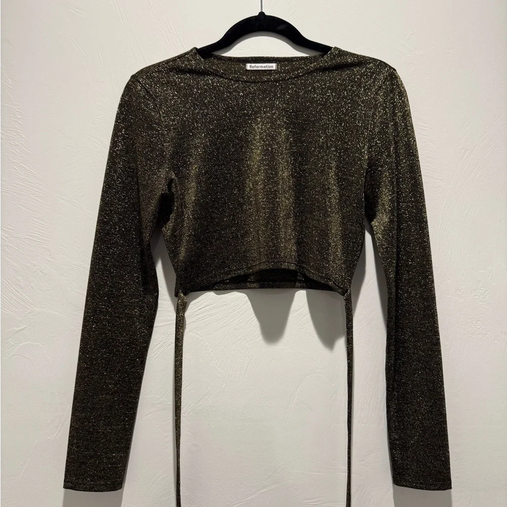Reformation Black and Gold Tie Front Crop Top